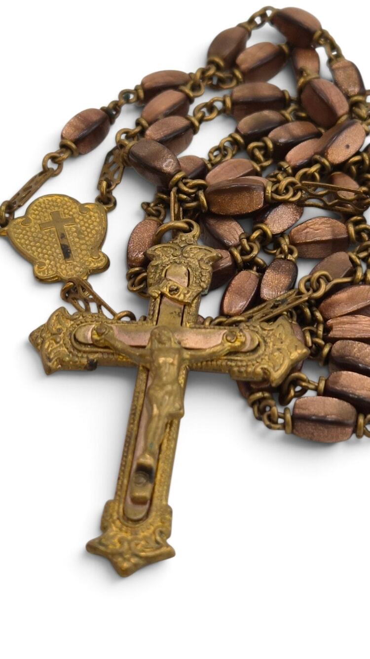 Vintage Brown Glass Rosary Filigree Connectors Ornate Crucifix 45 Inch